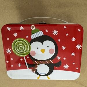 Penguin Themed Red and White Tin Lunch Box | Winter | Holidays